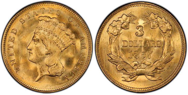 1857 Three-Dollar Gold Piece. MS-65+ (PCGS).